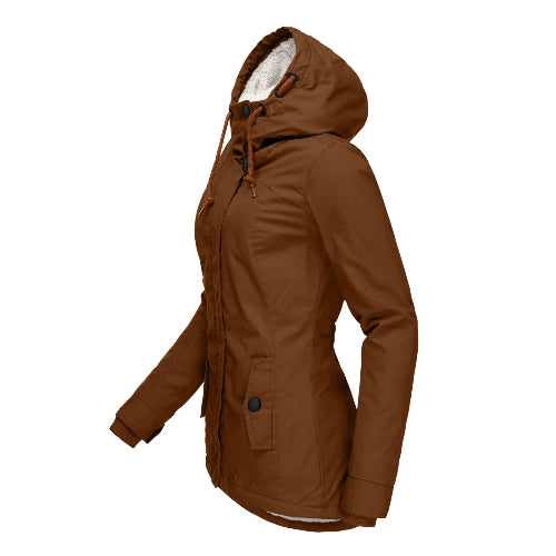 Side view of a brown hooded jacket with white fleece-look hood lining, drawstrings and a buttoned front pocket against a white background