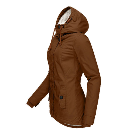 Side view of a brown hooded jacket with white fleece-look hood lining, drawstrings and a buttoned front pocket against a white background