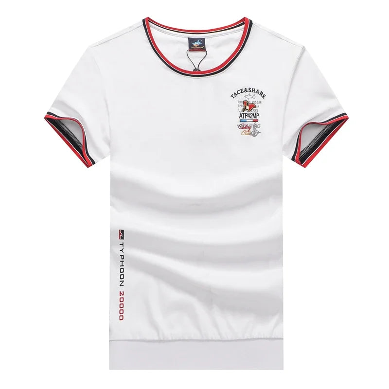 TACE&SHARK Summer Military T-shirts Fashion Embroidery Casual Cotton White Camiseta Tops Tees Shark Short Sleeve T Shirt Men