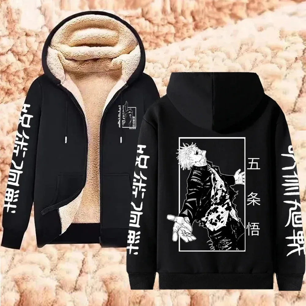 Black hoodie with white text and a graphic on the back against a beige textured background