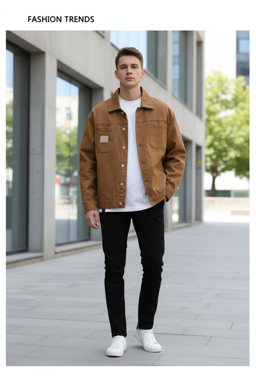 Brown jacket worn by a person on a white background with 'Fashion Trends' text.