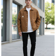 Brown jacket worn by a person on a white background with 'Fashion Trends' text.