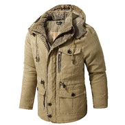 Beige winter jacket with a hood on a white background