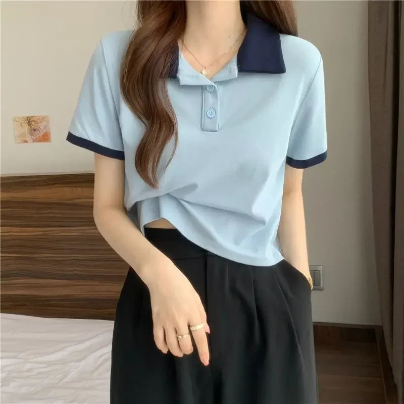 Plain Female Tee Slim Women's Polo Shirts T-shirts Short Sleeve T-shirt in Trend 2025 Youthful Clothes Korean Clothing Elegant