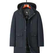 A dark blue hooded winter parka jacket displayed on a hanger against a white background, with a 'Blue' color label in the top-left corner.