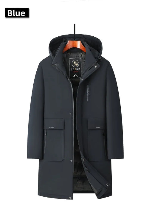A dark blue hooded winter parka jacket displayed on a hanger against a white background, with a 'Blue' color label in the top-left corner.