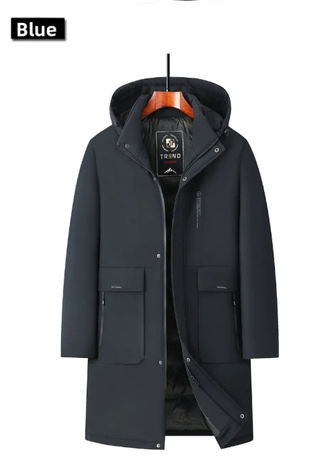 A dark blue hooded winter parka jacket displayed on a hanger against a white background, with a 'Blue' color label in the top-left corner.