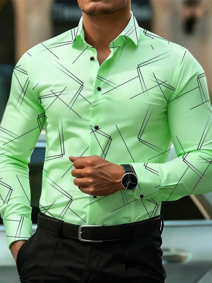 Men's Slim Fit Long-Sleeved Geometric Line Print Shirt - Non-Iron