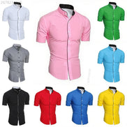 A catalog grid showing men's short-sleeve button-front shirts in multiple colors, 