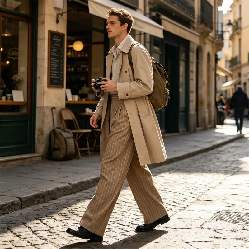 Men's Striped Dress Pants Old Money Wide Leg Baggy Pleated Casual Pinstriped Trousers Loose Fit Elastic Waist Vintage Slacks