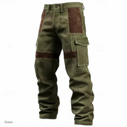 Olive green corduroy cargo pants with brown contrast panels, belt loops, and flap thigh pockets against a white background.