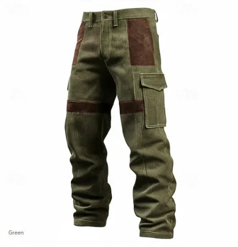 Olive green corduroy cargo pants with brown contrast panels, belt loops, and flap thigh pockets against a white background.