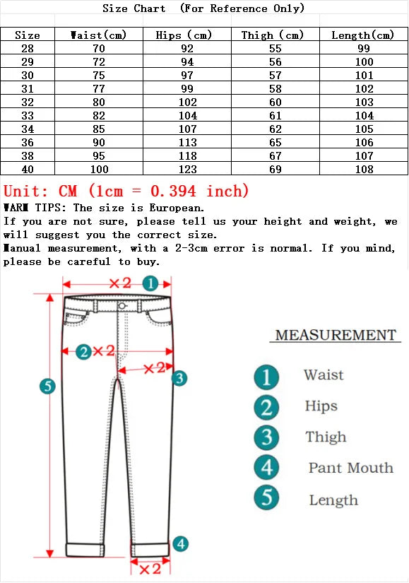 Size chart for pants with measurements in centimeters and inches.