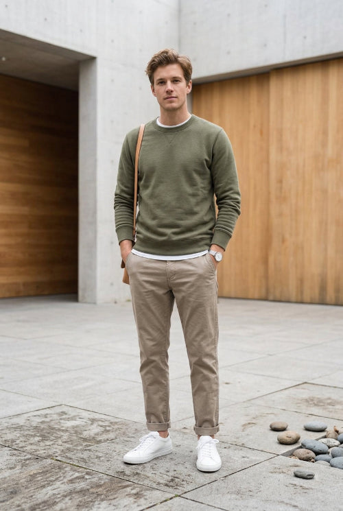 A pair of light beige chino pants shown flat against a solid white background.