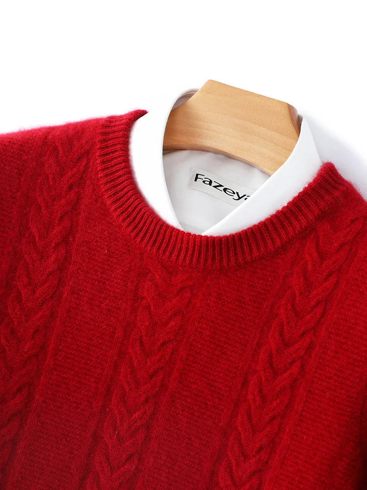 Red cable knit sweater on a hanger with 'Fazey' label.