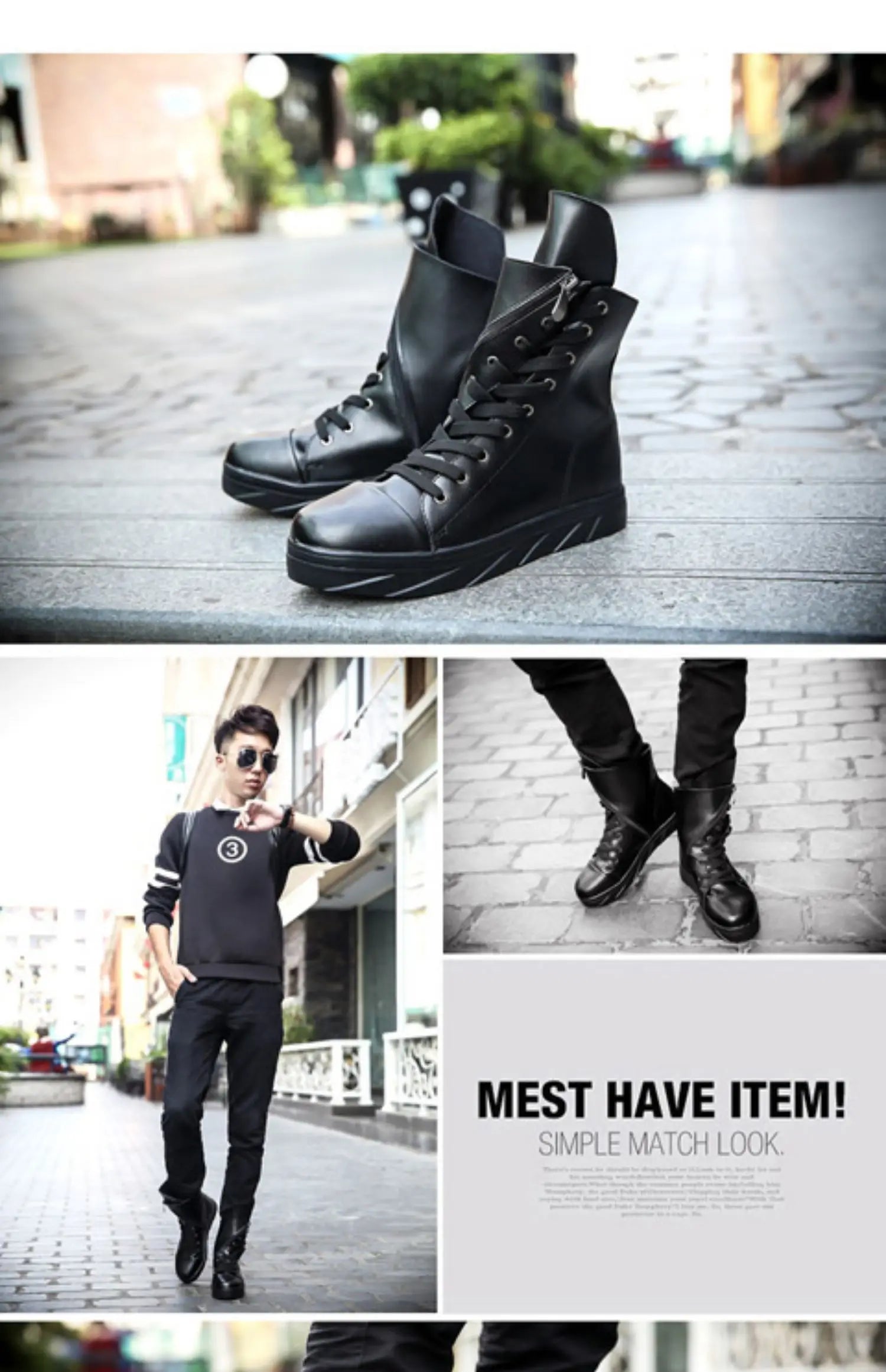 Men 6 cm Height Increasing Platform Boots Back Zip Leather Shoes Male Mixed Colors Y3 High Top Black White Men's Boots