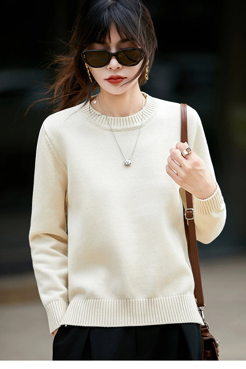 Women's autumn and winter 100% pure cotton knitted round neck soft pullover casual solid color warm sweater fashionable hot sell