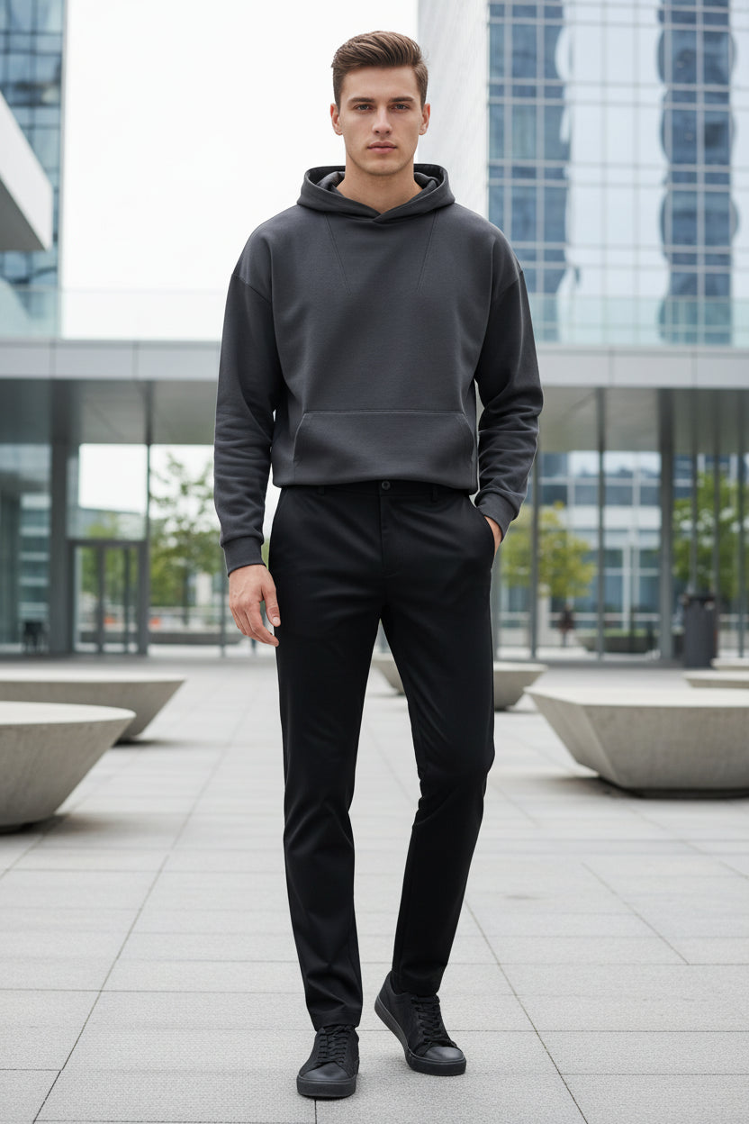 Black pants with a belt on a gray background