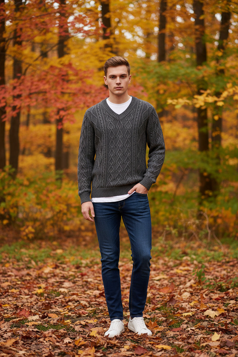 Gray knitted sweater on a hanger against a light gray background