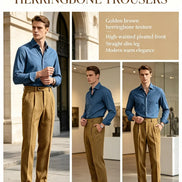 Promotional collage showing the golden brown herringbone pleated suit trousers