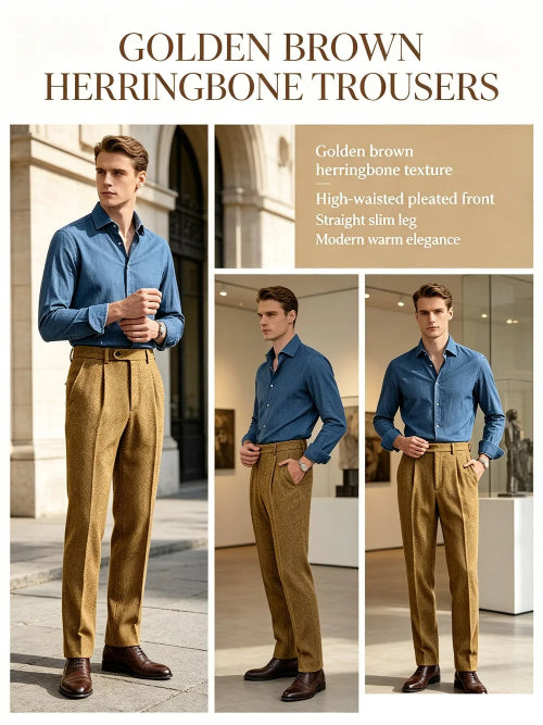 Promotional collage showing the golden brown herringbone pleated suit trousers