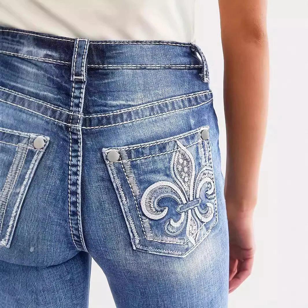 Women Straight Jeans Full Length Jean High Waist Vintage Loose Fit Pockets Embroidery Distressed Washed Trousers Zipper Fly