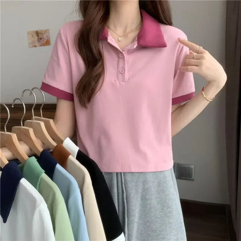 Plain Female Tee Slim Women's Polo Shirts T-shirts Short Sleeve T-shirt in Trend 2025 Youthful Clothes Korean Clothing Elegant