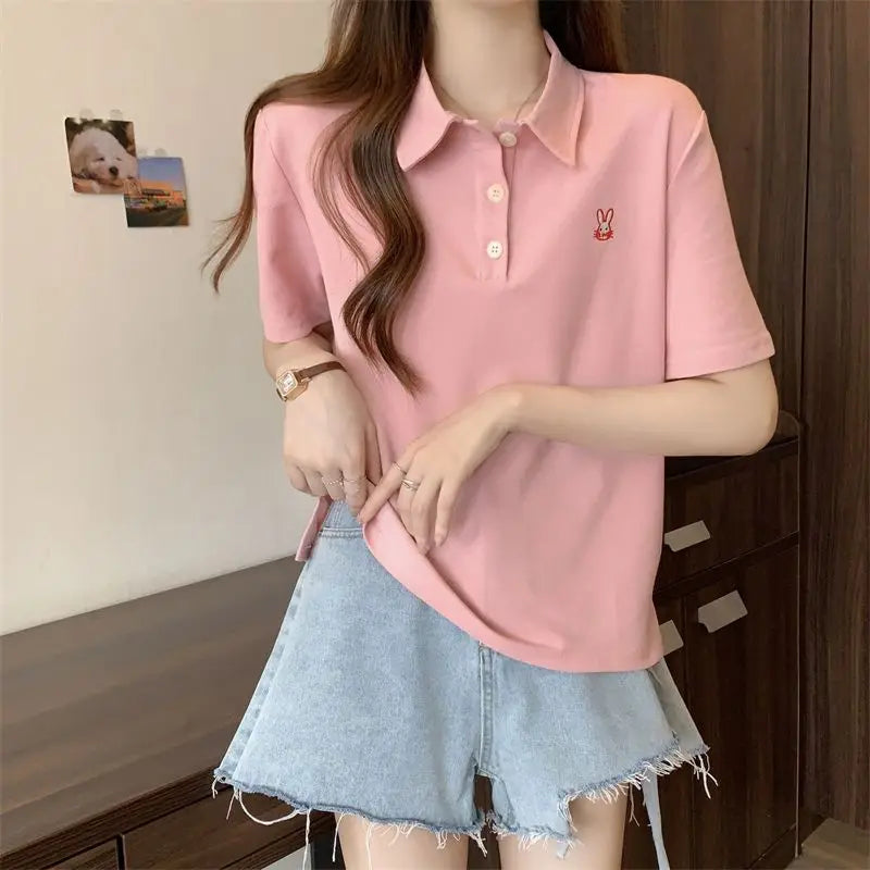 Pink Woman 100℅ Cotton Tshirt Embroidery Polo Neck T Shirt for Women Korean Clothing Y2k Fashion High Quality Youthful Elegant