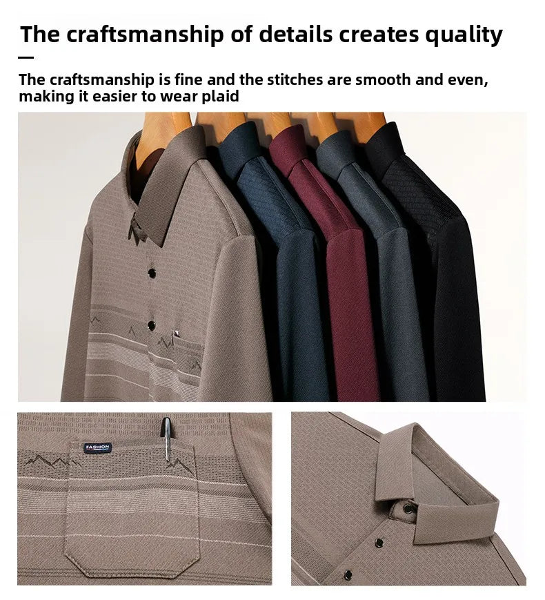 A collage showing a men's long-sleeve plaid button-up shirt in taupe, with text at the top about craftsmanship and three detail close-ups at the bottom showing the pocket, stitching, and collar.