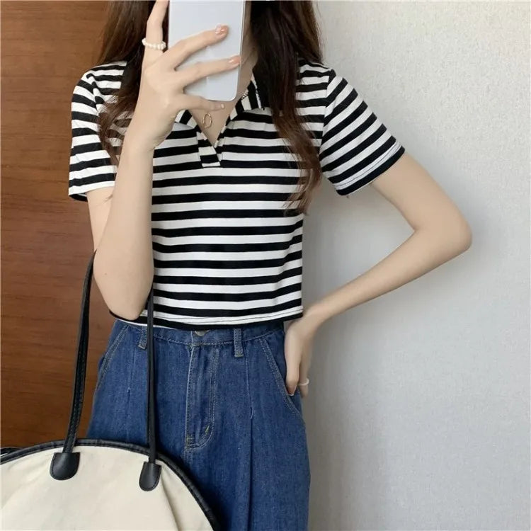 Chic V Neck Short Length Striped Short Sleeve Polo T Shirt For Women Summer 2026 New Niche Top