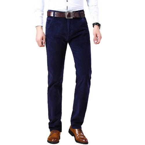 Navy blue pants worn by a person on a white background