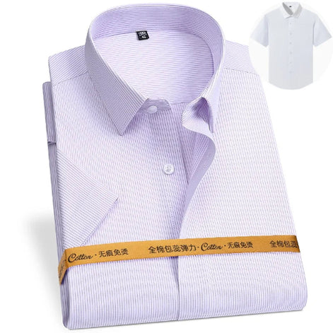 A folded long-sleeve dress shirt with thin vertical light purple and white stripes, shown on a white background with a small inset of a plain white version in the top 