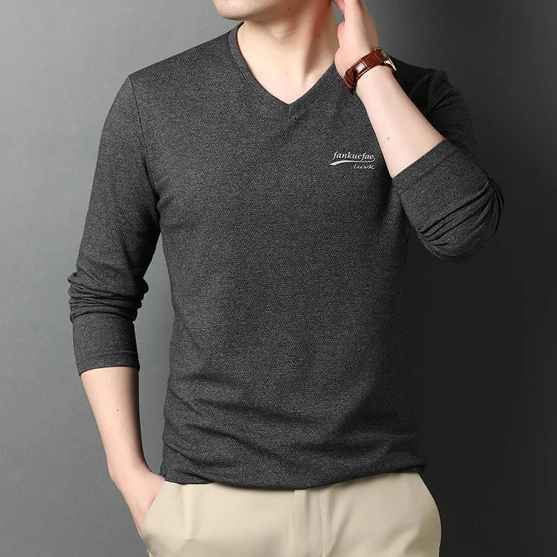Top Quality New Fashion Brand Solid Color Plain V Neck Long Sleeve t Shirt Men Cotton Casual Men Clothes 2025
