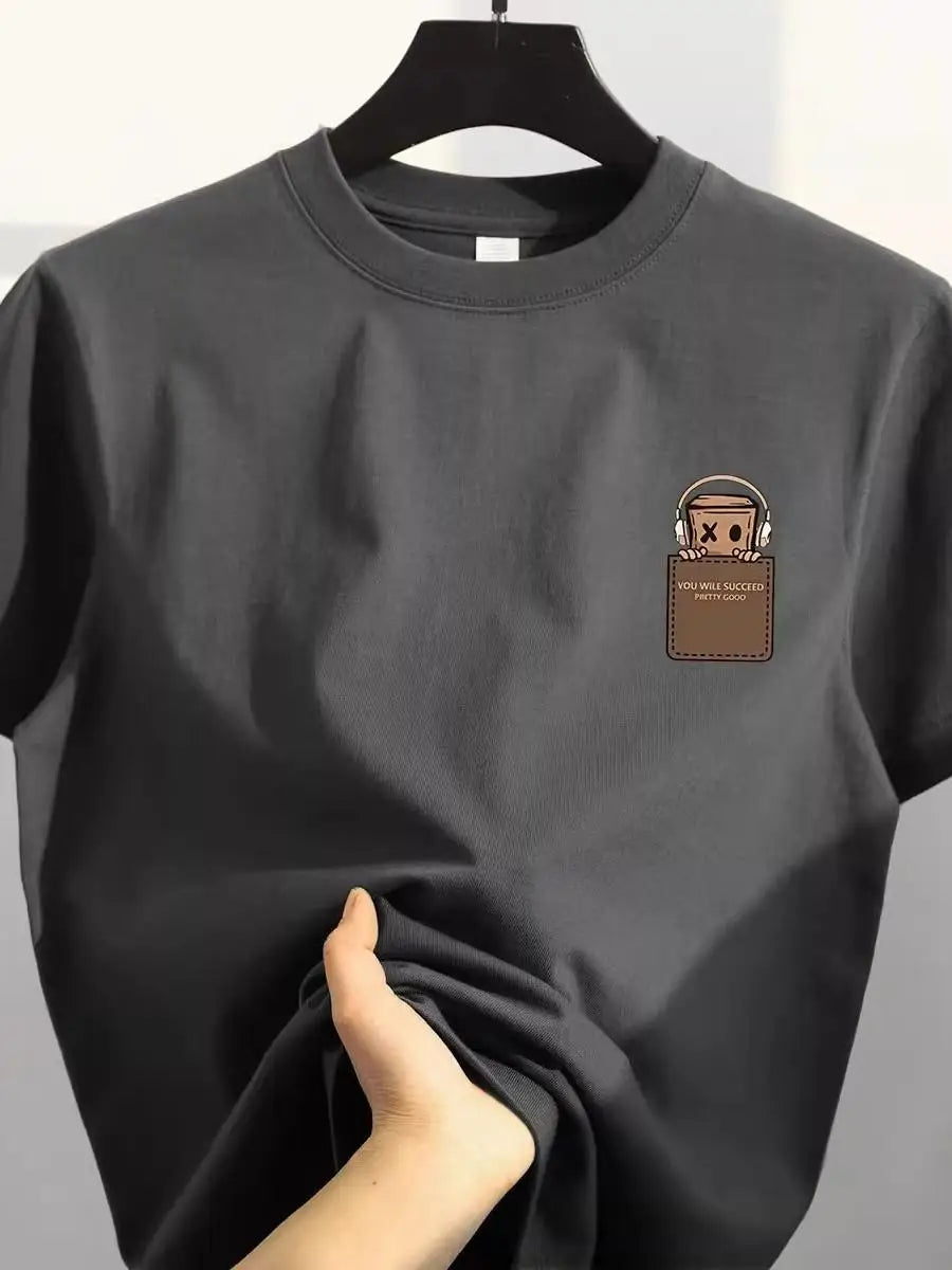 Retro Loose Fit Pure Cotton ort Sve T-irt ex Casual Top Korean Sle Printed Cotton Tee Men's Cut Label