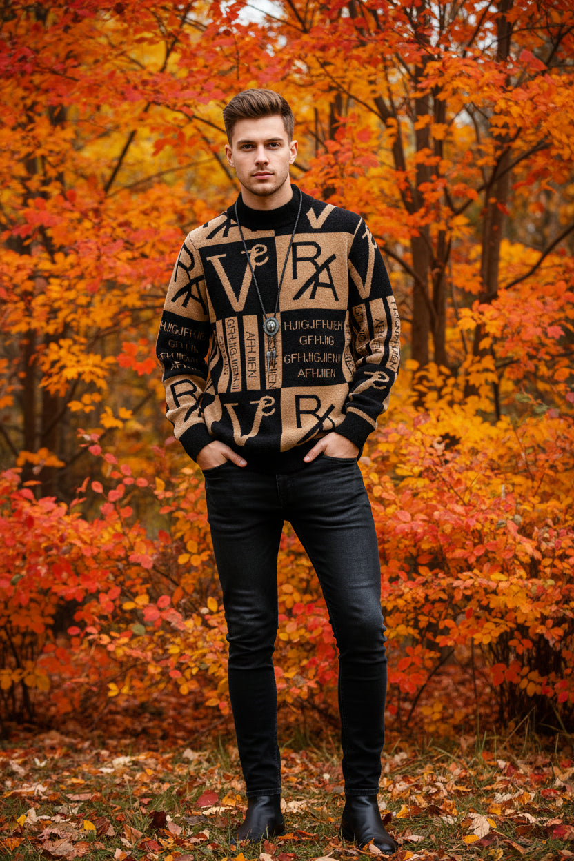 Textured sweater with abstract patterns and branding on a grid background