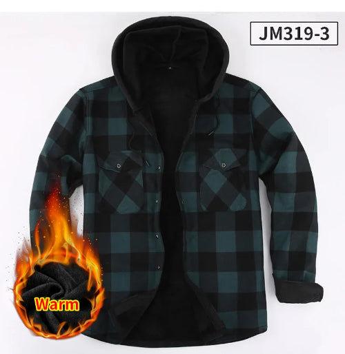 A hooded long-sleeve flannel shirt jacket with a black and dark green buffalo plaid pattern, featuring a black fleece-lined hood and a warm fire graphic overlay 