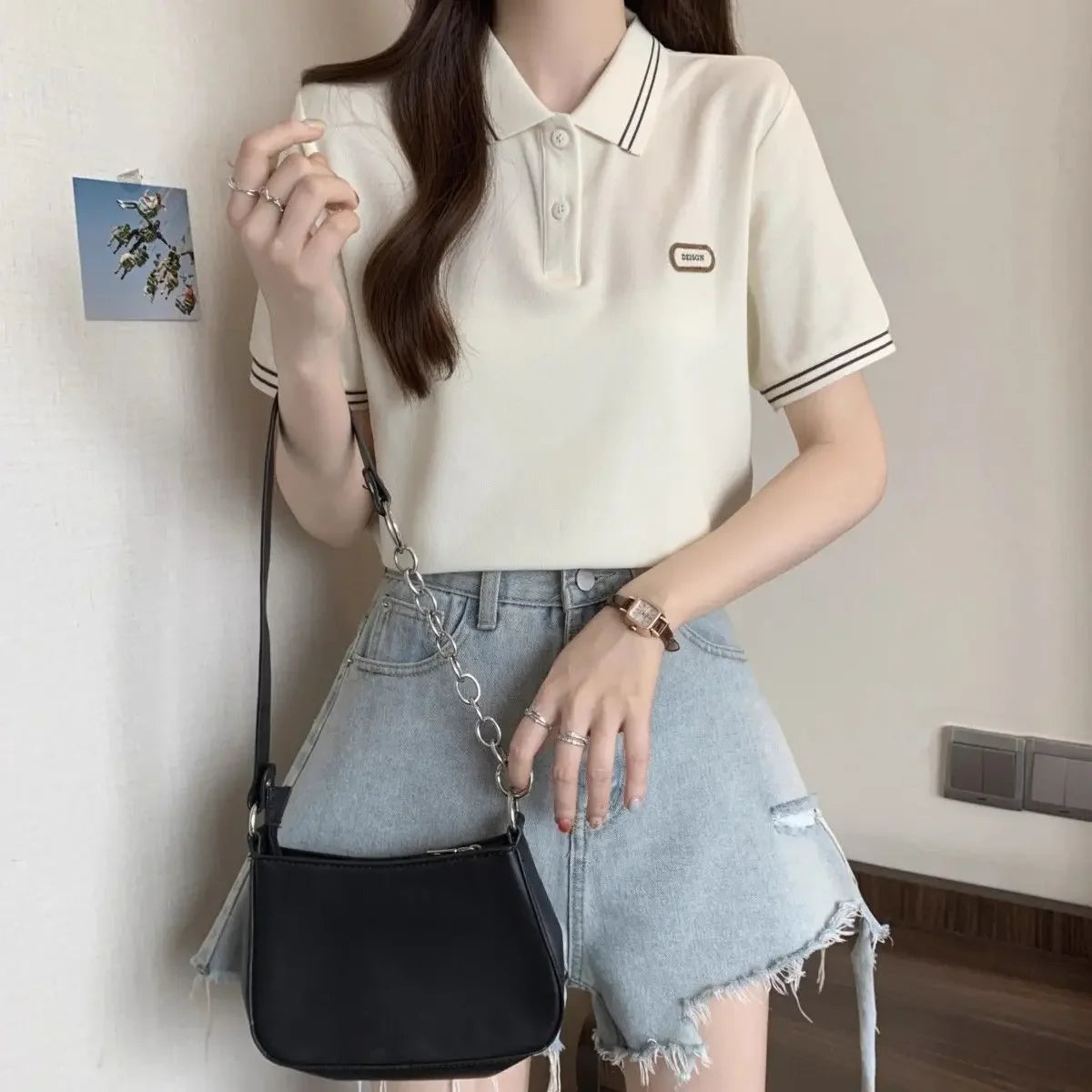 Baggy Female Tee Women's Polo Short Sleeve T-shirt Korean Clothing Youthful Elegant in Trend 2025 Sales Youth Aesthetic T-shirts