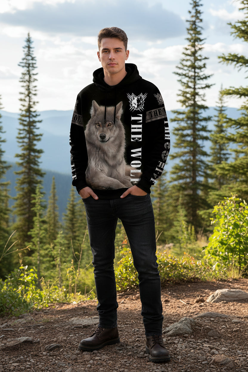 Hoodie with a wolf design and 'The Wolf' text on a white background