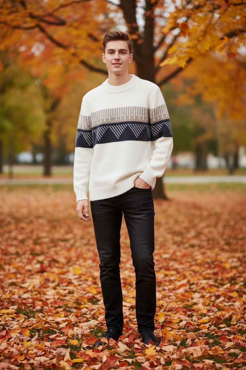 White men's sweater with black and gray pattern on a white background