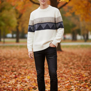 White men's sweater with black and gray pattern on a white background