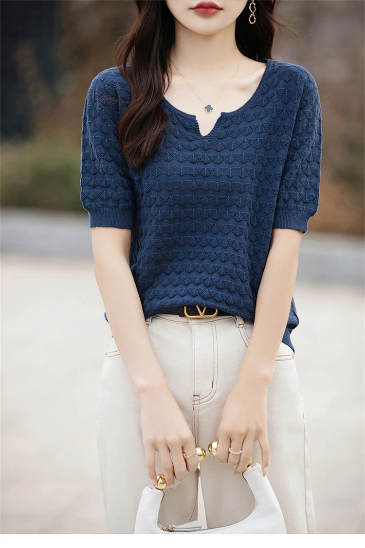 Women's T-shirt Summer New 100% Pure Cotton Tees Casual Solid Knitted Short sleeved V-neck Pullover Loose Tops Fashion Sweater