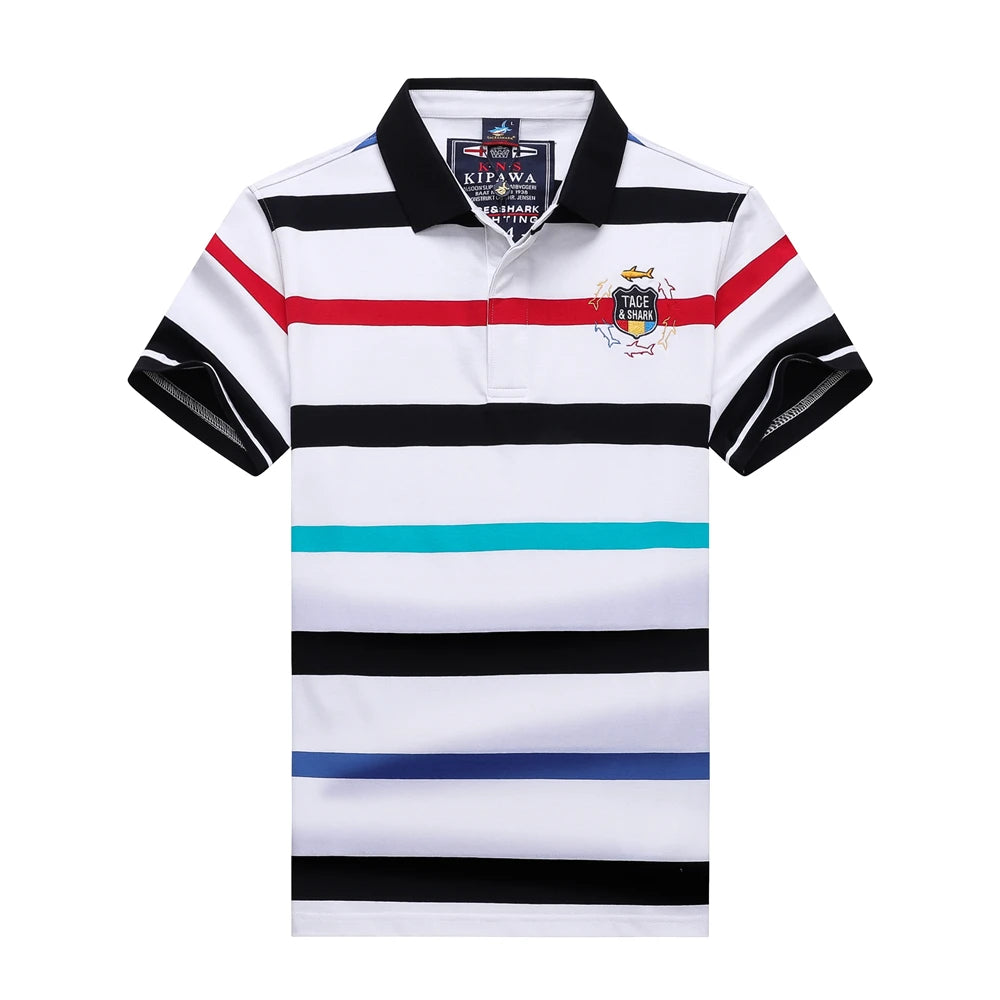 A short-sleeve polo shirt with horizontal stripes in black, white, red, turquoise, and blue. It features a black collar, a black and white striped sleeve, and a small crest logo on the left chest.