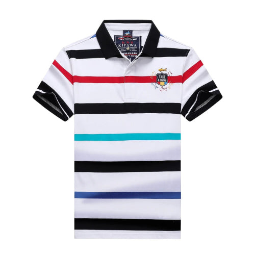 A short-sleeve polo shirt with horizontal stripes in black, white, red, turquoise, and blue. It features a black collar, a black and white striped sleeve, and a small crest logo on the left chest.
