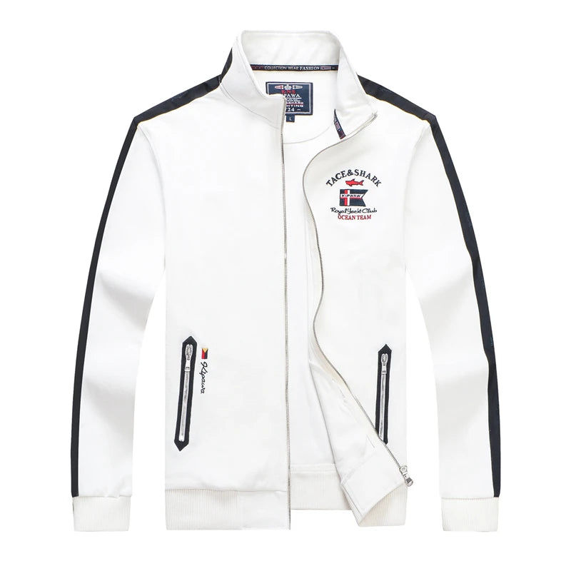 TACE&SHARK Fashion Brand Shark Solid Color Embroidery Jackets Zipper Turtleneck Men Pullovers Mens White Outerwear Clothing