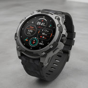 Smartwatch with black band and digital display on a dark background, featuring text about battery capacity and features.