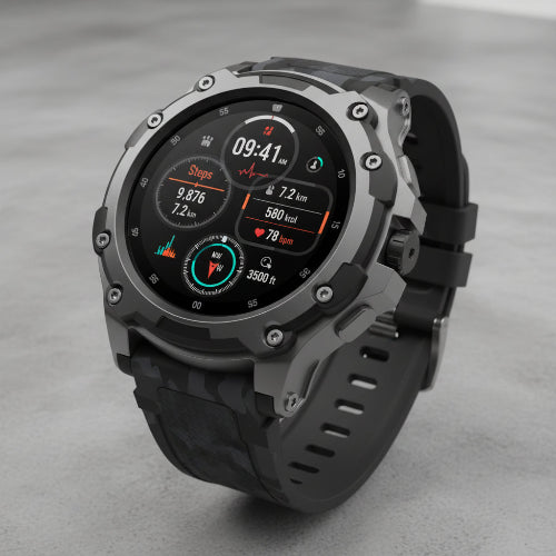 Smartwatch with black band and digital display on a dark background, featuring text about battery capacity and features.