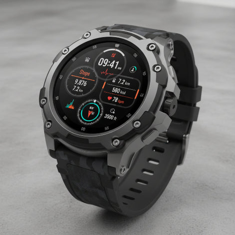 Smartwatch with black band and digital display on a dark background, featuring text about battery capacity and features.