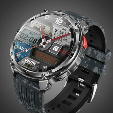 Smartwatch with black band and digital display on a dark background,