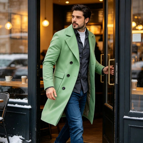 A man wearing a light green double-breasted overcoat, dark gray shirt, and blue jeans walks out of a cafe with snow on the ground.