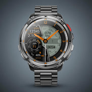 Smartwatch with metallic band and feature highlights on a dark background